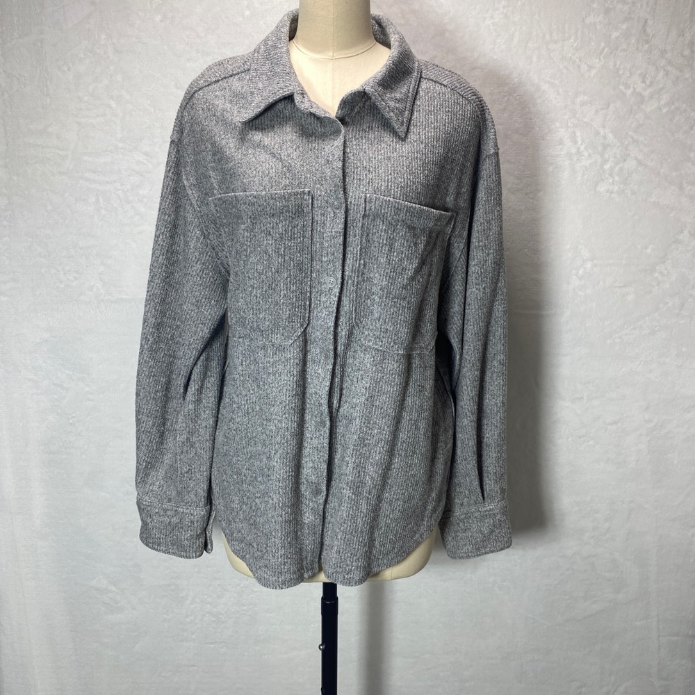 Newin L Gray Button Down Long‎ Sleeve Shirt Jacket Overshirt Shacket Soft Warm